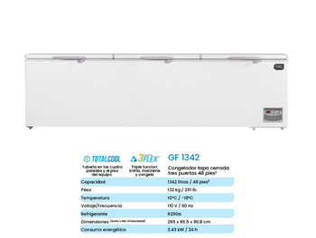 Congelador tapa cerrada horizontal tres puertas. 48 Pies³